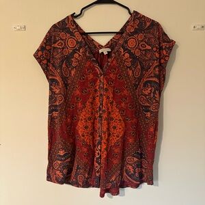 Lucky Brand Women’s Red Short Sleeve Sleeve Button Down Geometric  Top Size 1X